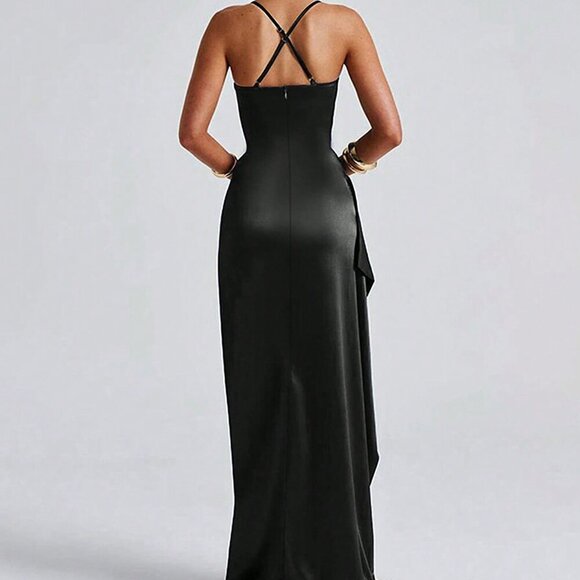 Elegant Black Women's Trim Waist Sexy Satin Ruffle Maxi dress Party - Picture 2 of 6